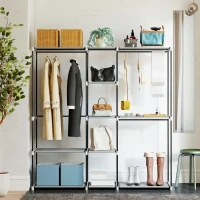 HOMCOM Armadio per Abiti Aperto con 8 Ripiani in Tessuto, Barre Appendiabiti e Struttura in Metallo, 182x43x185 cm, Grigio Chiaro(m-4)