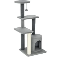 PawHut Arbre à Chat Multi-niveaux Hauteur 103 cm avec Poteaux Griffoirs en Sisal, Maisonnette et Boule en Peluche, Gris(m-1)