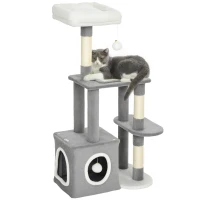 PawHut Arbre Griffoir pour Chats avec Maisonnette, Lit et 2 Balles, en Bois et Peluche, 55x40x107 cm, Gris et Blanc(m-6)