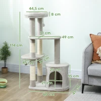 PawHut Árbol rascador 114 cm torre para gatos con cueva, postes de sisal, plataforma, de varios niveles para gatos medianos de menos de 6 kg, Gris claro(m-3)