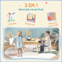 AIYAPLAY Conjunto de Mesa e 2 Cadeiras com Encosto em Forma de Ursinho e Compartimentos Ocultos Madeira e Branco(m-4)