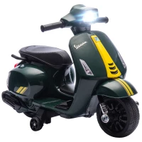 AIYAPLAY Kinder-Elektromotorrad mit Vespa-Lizenz, wiederaufladbare 6V-Batterie, Stützräder und Licht, 2-6 Jahre, Dunkelgrün(m-7)