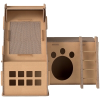 PawHut Griffoir en carton pour chats forme château 2 en 1 Griffoir pour chats avec 2 zones de grattage Herbe à chat 67x66x57 cm Marron