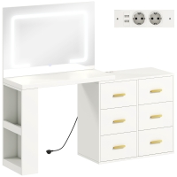 HOMCOM Kaptafel met verstelbare LED-spiegel, stopcontacten, 6 lades, 2 open planken, wit