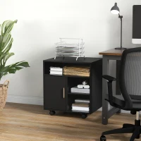 HOMCOM Support d'imprimante organiseur bureau caisson placard porte 3 niches + grand plateau panneaux particules noir(m-7)