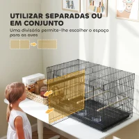 PawHut Gaiola para Pássaros com Divisória Gaiola para Aves com 4 Comedouros 4 Poleiros e Bandeja Amovível 76x46x46 cm Preto(m-4)