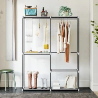 HOMCOM Armoire à vêtements Armoire ouverte avec 4 étagères en tissu 3 tringles pour suspendre Cadre métallique 142x43x185 cm Gris clair(m-4)