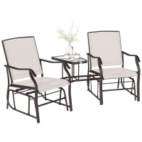 Outsunny Gliding Jack and Jill Seat, with Glass-Top Table - Brown/Beige(m-10)