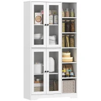 HOMCOM Armario de cocina con puertas de cristal, estantes, compartimentos abiertos, 172 cm de alto, MDF, Blanco(m-6)