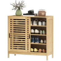 HOMCOM Meuble à chaussures avec 2 portes coulissantes à lames étagères réglables pour 16 paires de chaussures 80x35x80 cm naturel