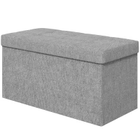 HOMCOM Baú de Arrumação 84L Puff de Arrumação Dobrável Estofado em Linho Sintético com Tampa 76x38x38 cm Cinzento Claro(m-11)