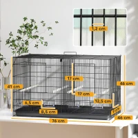 PawHut Gaiola para Pássaros com Divisória Gaiola para Aves com 4 Comedouros 4 Poleiros e Bandeja Amovível 76x46x46 cm Preto(m-3)
