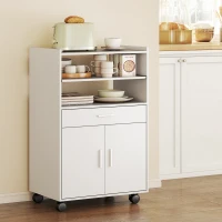 HOMCOM Mobile portamicroonde, con ripiano, armadietto a due ante, cassetto, ruote, Bianco(m-4)