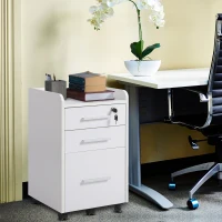 HOMCOM Caisson de bureau rangement bureau sur roulettes 3 tiroirs 1 verrouillable 1 trieur dossiers en bois blanc(m-7)