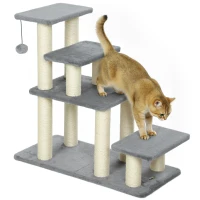 PawHut Scala per animali regolabile con 4 gradini in sisal, con gioco e tiragraffi 70 x 32 x 68 cm Grigio(m-7)