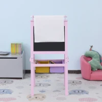 HOMCOM 3 en 1 Tableau Enfant - chevalet Enfant - Ardoise Double Face - Tableau Blanc Tableau à Craie - Rouleau Papier avec accessoires + paniers Rangement intégrés - MDF Rose(m-10)