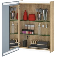 HOMCOM Armoire murale meuble salle de bain avec miroir, éclairage LED et étagères en verre réglables 50x12,5x70cm, bois naturel(m-12)
