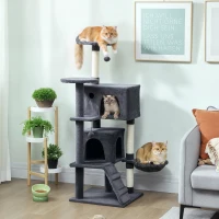 PawHut Árbol para Gatos Alto 140 cm con 2 Casetas, Cama y Hamaca para 2-3 Gatos, Revestimiento de Peluche, Gris(m-2)