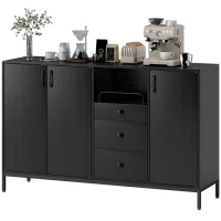 HOMCOM Sideboard mit 3 Türen Sideboard für Wohnzimmer mit 3 Schubladen Verstellbare Einlegeböden für Küche Flur Schwarz 143,5x40x90 cm(m-6)