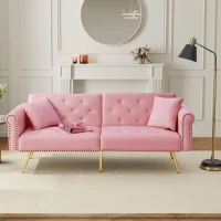 2-Seater Modern Sofa Bed with Velvet Upholstery and Adjustable Backrests, Daybed Perfect for Living Room, 177L x 74W x 71H cm, Pink(m-1)