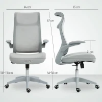 HOMCOM Chaise de Bureau Ergonomique avec Accoudoirs Réglables, Dossier en Maille et Appui-tête, Gris(m-3)