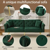 2-Seater Modern Sofa Bed with Velvet Upholstery and Adjustable Backrests, Daybed Perfect for Living Room, 177L x 74W x 71H cm, Green(m-6)
