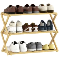 HOMCOM Narrow Bamboo Shoe Rack, Foldable 3-Tier Vertical Shoe Rack, No Installation, Natural(m-6)