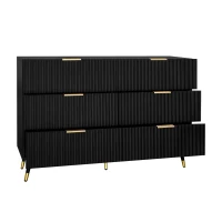 Elegant Sideboard with 6 Drawers, Gold Handles, Wave-Like Texture, Chest of Drawers for Living Room, 120L x 40W x 77H cm, Black+Gold(m-10)
