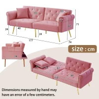 2-Seater Modern Sofa Bed with Velvet Upholstery and Adjustable Backrests, Daybed Perfect for Living Room, 177L x 74W x 71H cm, Pink(m-3)