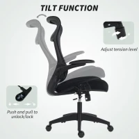 HOMCOM Sedia da Ufficio Ergonomica e Girevole in Rete con Supporto Lombare, Braccioli Ribaltabili, Poggiatesta e Basculante Nero(m-4)