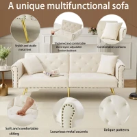 2-Seater Modern Sofa Bed with Independent Backrests, Gold-Plated Metal Feet, Velvet Couch for Living Room, 177L x 74W x 71H cm, White(m-6)