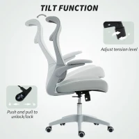 HOMCOM Chaise de Bureau Ergonomique avec Accoudoirs Réglables, Dossier en Maille et Appui-tête, Gris(m-4)