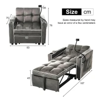 3-in-1 Expandable Single Sofa Bed with 2 Drink Holders and Phone Holder, Recliner and Sleeper Chair for Apartment, 83L x 167W x 76H cm, Dark Gray(m-3)