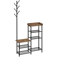 HOMCOM Cuier pentru Haine de Podea cu 6 Carlige din PAL si Otel cu Dulap de Pantofi cu mai multe Rafturi, 92.5x28.2x182 cm, Maro(m-1)