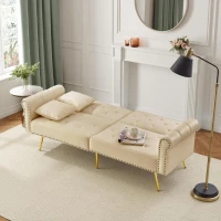 2-Seater Modern Sofa Bed with Velvet Upholstery and Adjustable Backrests, Daybed Perfect for Living Room, 177L x 74W x 71H cm, Beige(m-10)
