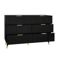 Elegant Sideboard with 6 Drawers, Gold Handles, Wave-Like Texture, Chest of Drawers for Living Room, 120L x 40W x 77H cm, Black+Gold(m-12)