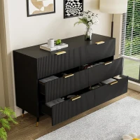 Elegant Sideboard with 6 Drawers, Gold Handles, Wave-Like Texture, Chest of Drawers for Living Room, 120L x 40W x 77H cm, Black+Gold(m-5)