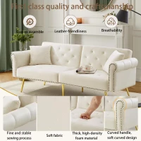 2-Seater Modern Sofa Bed with Independent Backrests, Gold-Plated Metal Feet, Velvet Couch for Living Room, 177L x 74W x 71H cm, White(m-5)
