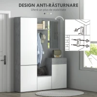 HOMCOM Mobilier 4 în 1 cu Oglindă, Cuiere și Rafturi Interioare Reglabile, Mobilier Multifuncțional, 145x29x184 cm, Gri(m-7)
