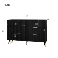 Elegant Sideboard with 6 Drawers, Gold Handles, Wave-Like Texture, Chest of Drawers for Living Room, 120L x 40W x 77H cm, Black+Gold(m-3)