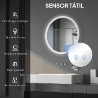 kleankin Espelho Casa de Banho Redondo com Luzes LED Ø60 cm Função Antiembaciamento 3 Luzes Função de Memória e Interruptor Tátil Prata(m-4)