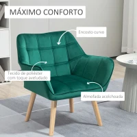 HOMCOM Poltrona Moderna Poltrona de Leitura Estofada em Veludo com Assento Amplo Pés em Madeira  67x61,5x71 cm Verde(m-4)