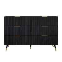 Elegant Sideboard with 6 Drawers, Gold Handles, Wave-Like Texture, Chest of Drawers for Living Room, 120L x 40W x 77H cm, Black+Gold(m-2)