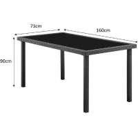 Ensemble repas de jardin - plateau en verre trempé et 6 chaises en résine tressée noir - Table 160x80x73 cm - Chaise : 44x54x88 cm(m-6)