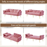 2-Seater Modern Sofa Bed with Velvet Upholstery and Adjustable Backrests, Daybed Perfect for Living Room, 177L x 74W x 71H cm, Pink(m-4)