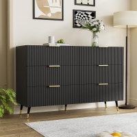 Elegant Sideboard with 6 Drawers, Gold Handles, Wave-Like Texture, Chest of Drawers for Living Room, 120L x 40W x 77H cm, Black+Gold
