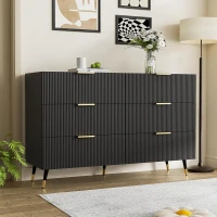 Elegant Sideboard with 6 Drawers, Gold Handles, Wave-Like Texture, Chest of Drawers for Living Room, 120L x 40W x 77H cm, Black+Gold(m-1)
