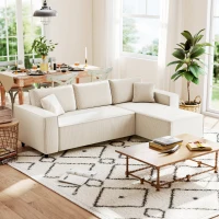 HOMCOM 3-Zitsbank met Chaise Longue, Woonkamerbank met Corduroy Bekleding, 2 Extra Kussens, Gestoffeerde Bank, Crèmewit(m-10)