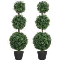 HOMCOM Set of 2 Decorative Artificial Trees, Topiary Ball-shaped Boxwood Trees in Pot, Fake Plants for Home Indoor outdoor Decor, 100cm, Green