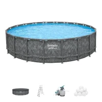Kit Piscine hors sol tubulaire BESTWAY - APX 365™ - 610 x 132 cm - Ronde (Filtre a sable, 500g polysphere, échelle, bâche)(m-1)